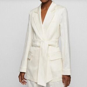 New BOSS White Jarianna Tie Waist Linen Blend Blazer Sz 6